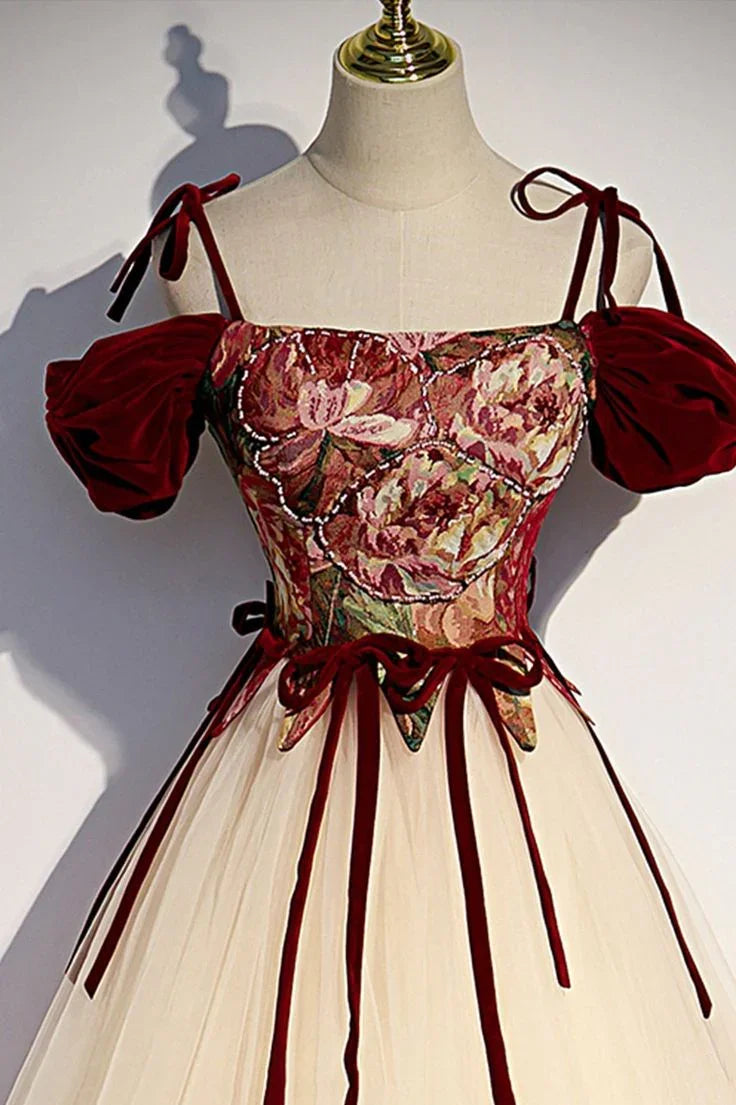 Champagner Tüll Spaghettiträger Langes Abschlussballkleid A-Linie Festkleid Y7952