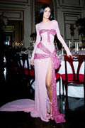 Vestido de Festa Longo Rosa Deslumbrante em Chiffon com Lantejoulas, Grande Laço e Fenda Y8474
