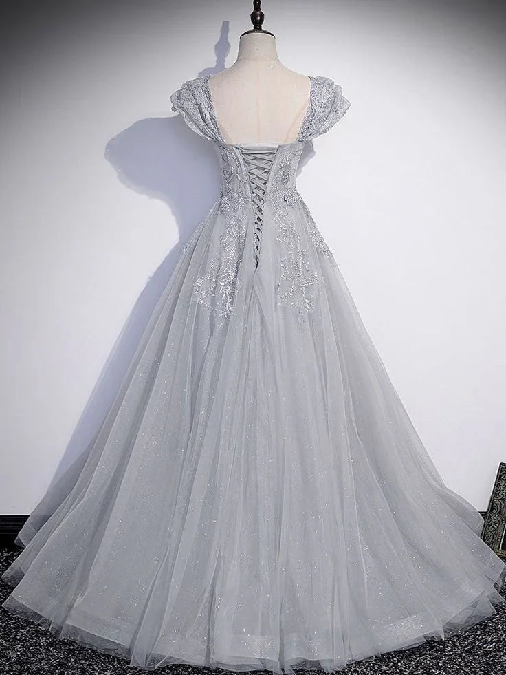 Abito lungo da sera grigio in tulle con paillettes a linea ad A, abito formale grigio da ballo Y4733