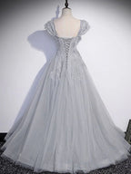 Abito lungo da sera grigio in tulle con paillettes a linea ad A, abito formale grigio da ballo Y4733