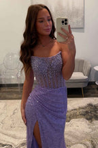 Sparkly Champagne Strapless Sequins Mermaid Bodycon Prom Dress With Beading