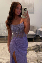 Sparkly Champagne Strapless Sequins Mermaid Bodycon Prom Dress With Beading
