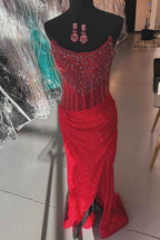 Sparkly Champagne Strapless Sequins Mermaid Bodycon Prom Dress With Beading