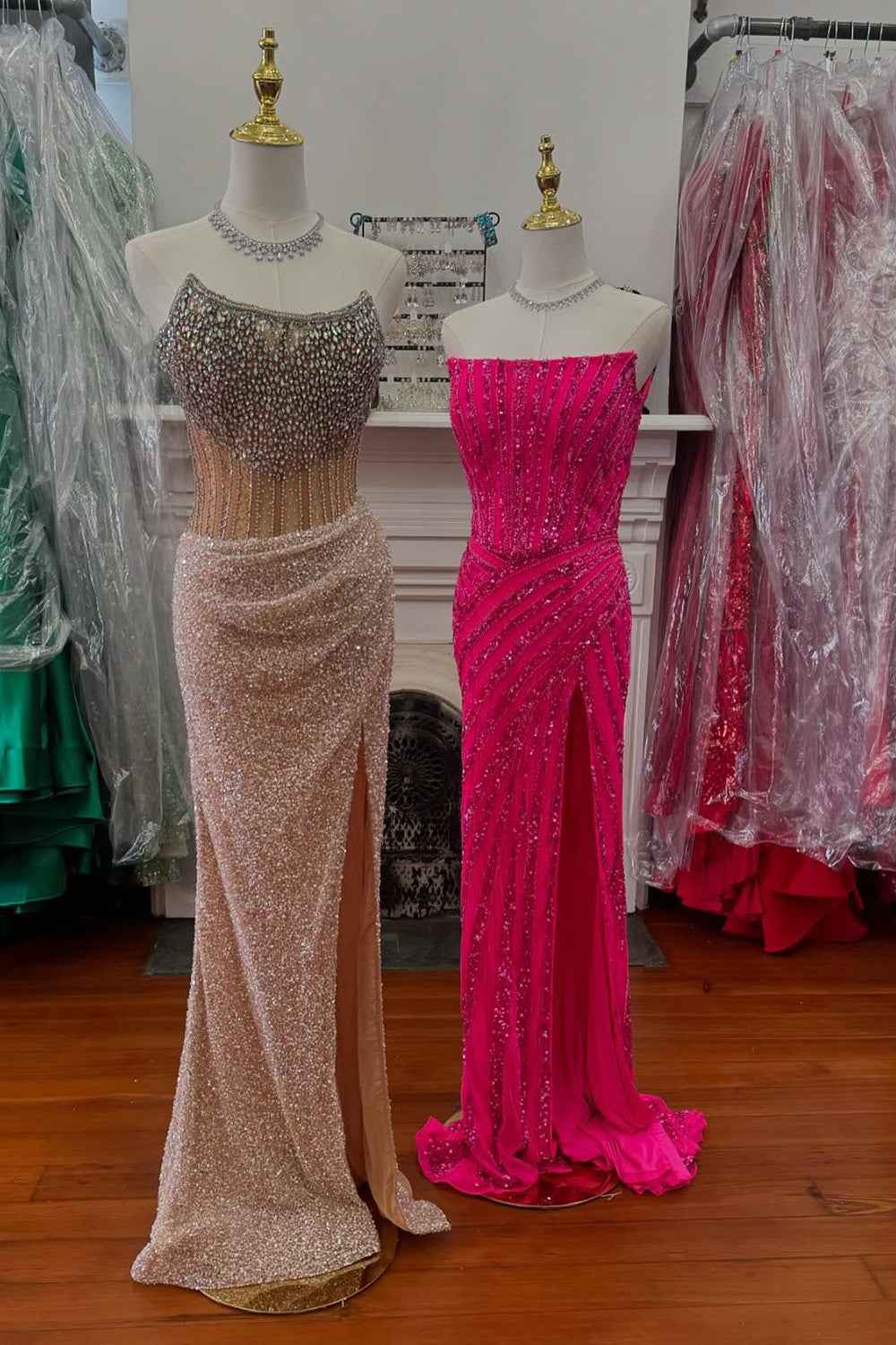 Sparkly Champagne Strapless Sequins Mermaid Bodycon Prom Dress With Beading