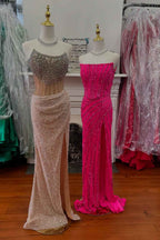 Sparkly Champagne Strapless Sequins Mermaid Bodycon Prom Dress With Beading