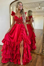 Red Satin V-Neck A-Line Prom Dress With Tiered Ruffles