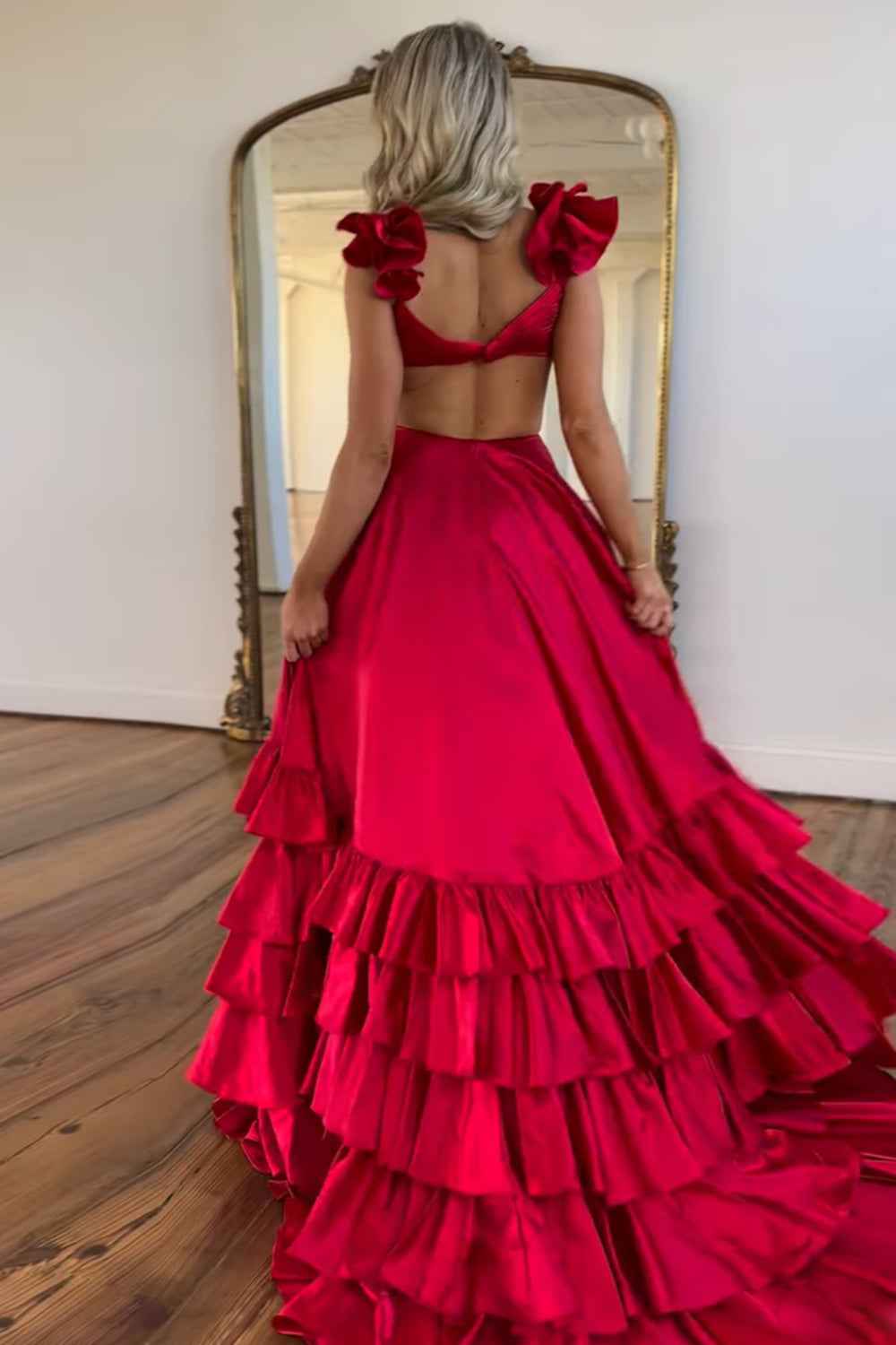 Red Satin V-Neck A-Line Prom Dress With Tiered Ruffles