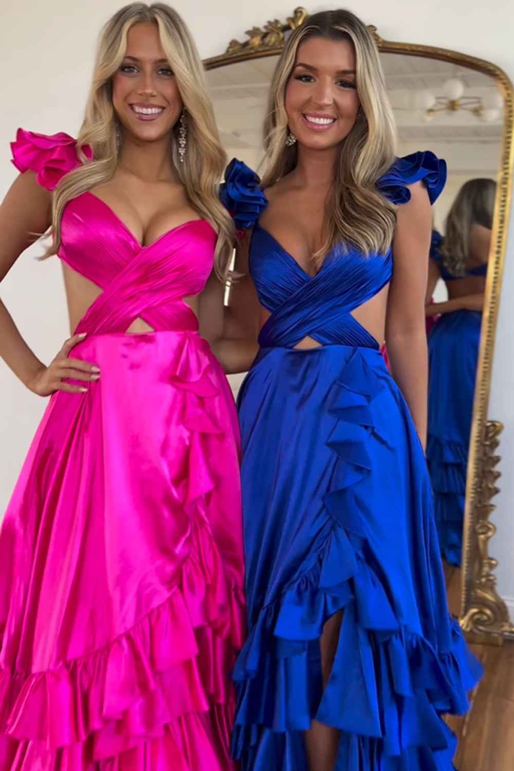 Red Satin V-Neck A-Line Prom Dress With Tiered Ruffles