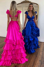 Red Satin V-Neck A-Line Prom Dress With Tiered Ruffles