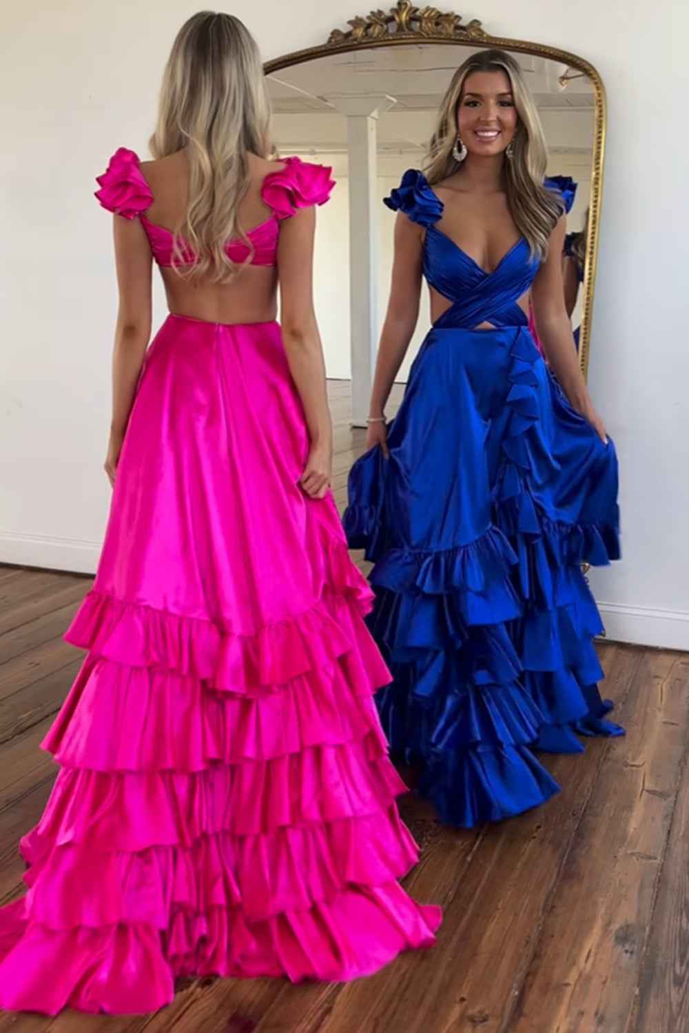 Red Satin V-Neck A-Line Prom Dress With Tiered Ruffles