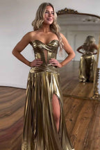 Golden Sweetheart Metallic Pleated Long A-Line Corset Prom Dress With Slit