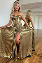 Golden Sweetheart Metallic Pleated Long A-Line Corset Prom Dress With Slit