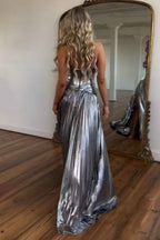 Golden Sweetheart Metallic Pleated Long A-Line Corset Prom Dress With Slit