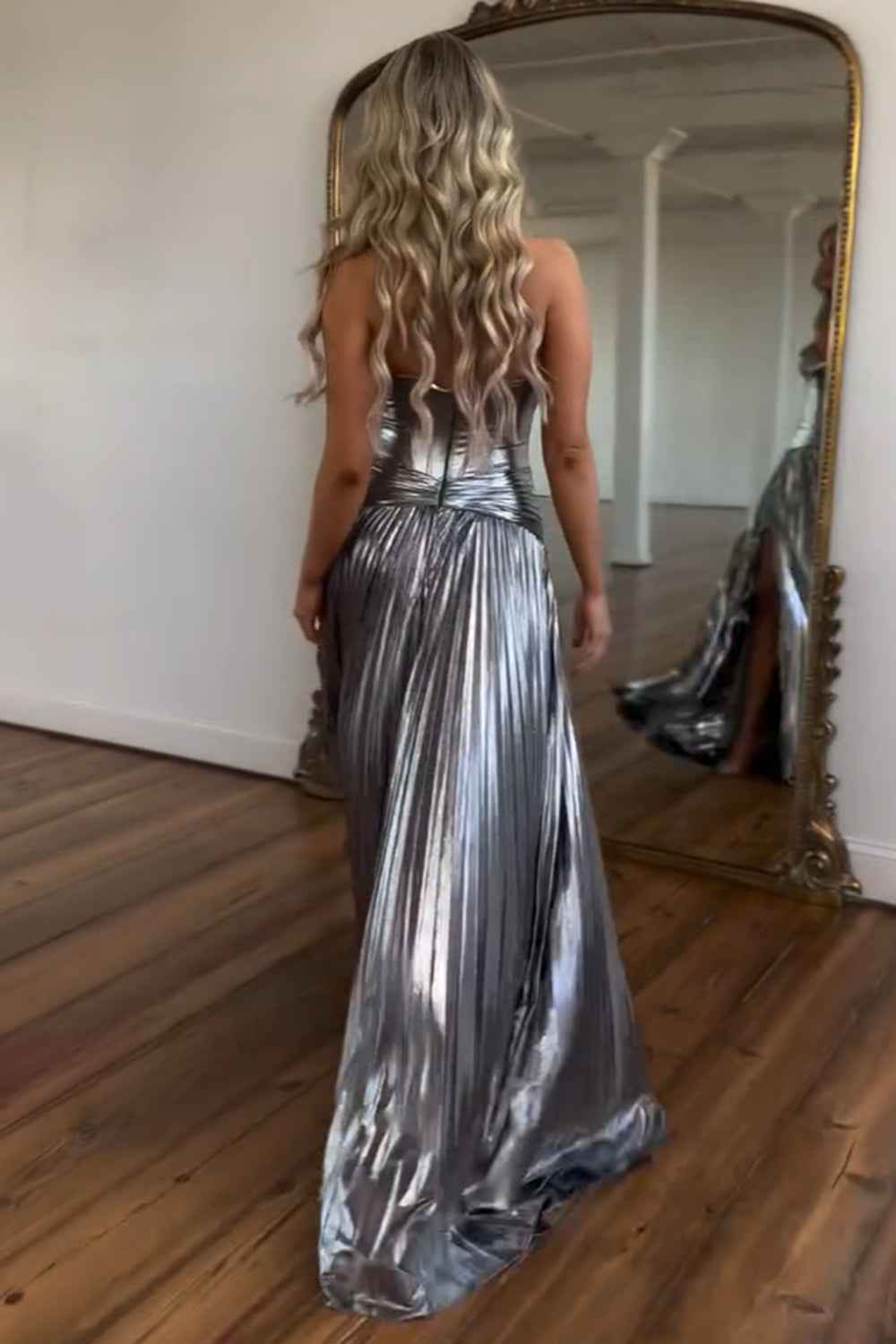 Golden Sweetheart Metallic Pleated Long A-Line Corset Prom Dress With Slit
