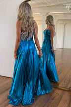 Golden Sweetheart Metallic Pleated Long A-Line Corset Prom Dress With Slit