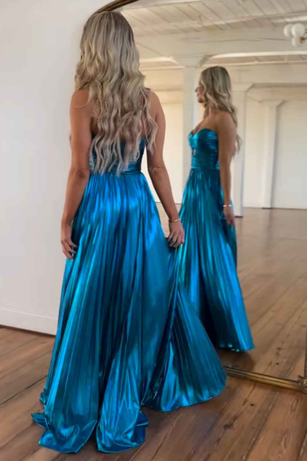 Golden Sweetheart Metallic Pleated Long A-Line Corset Prom Dress With Slit