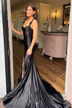 Red Spaghetti Strap Mermaid Satin Backless Prom Dress With Slit