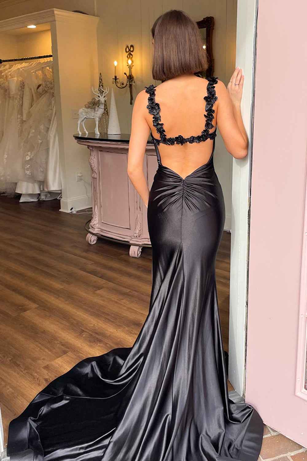 Red Spaghetti Strap Mermaid Satin Backless Prom Dress With Slit