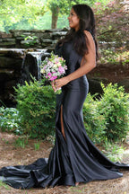 Red Spaghetti Strap Mermaid Satin Backless Prom Dress With Slit