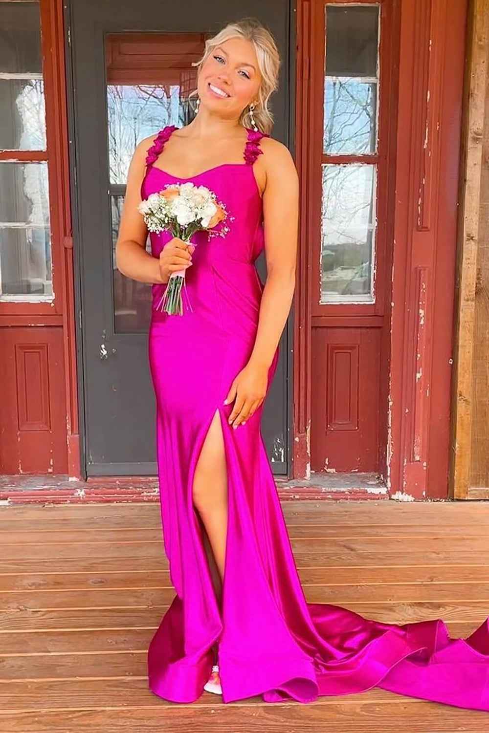 Red Spaghetti Strap Mermaid Satin Backless Prom Dress With Slit