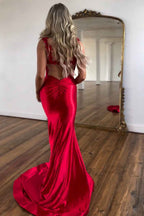 Red Spaghetti Strap Mermaid Satin Backless Prom Dress With Slit