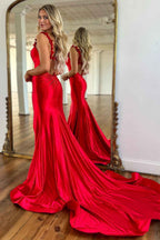 Red Spaghetti Strap Mermaid Satin Backless Prom Dress With Slit