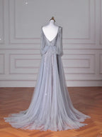 Elegante abito da sera blu con scollo a V, paillettes, perline e tulle, linea ad A, senza schiena Y8644