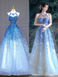 Deslumbrante Vestido de Noite Azul com Tule, Lantejoulas e Contas, Vestido Formal Brilhante para Baile Y8352