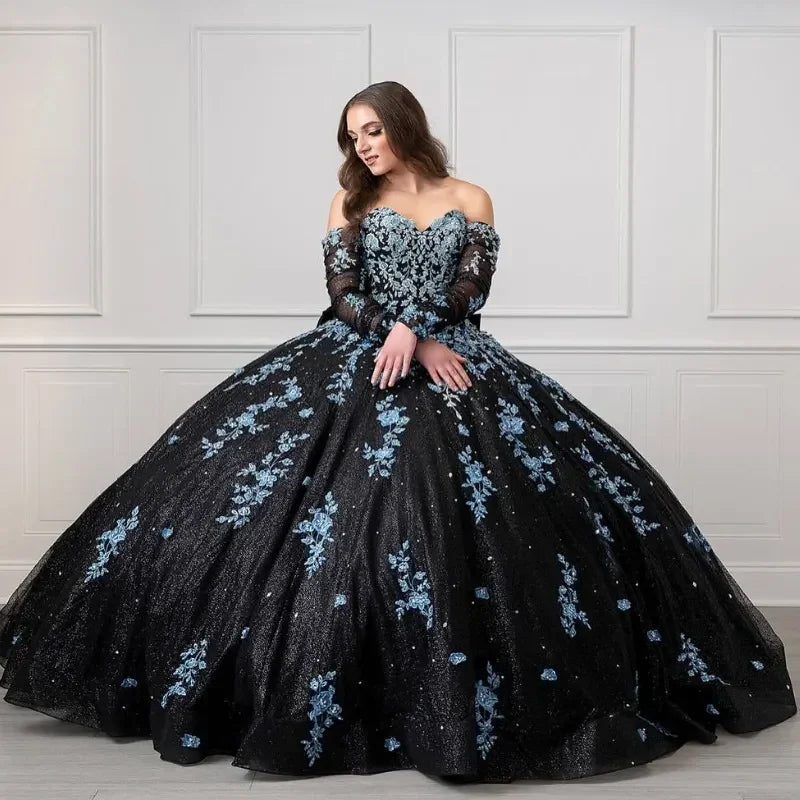 Abito unico da principessa nero e azzurro chiaro per Quinceañera, abito dolce sedici, abito da ballo Y4319