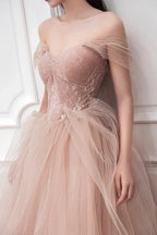 Vestido longo de baile em tule cor-de-rosa Vestido de noite cor-de-rosa Y1825