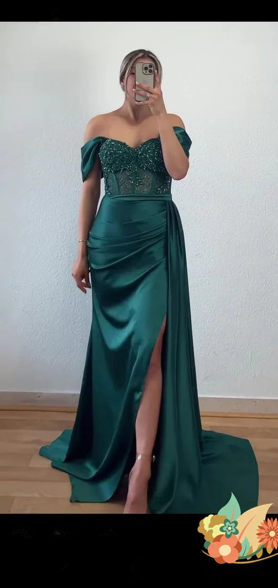 Incantevole Abito da Sera con Corsetto in Raso Verde Smeraldo Sirena Y5592