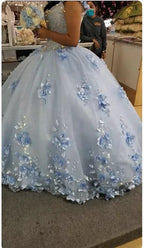 Abito lungo azzurro chiaro con applicazioni 3D carine, scollo a barca, abito da ballo da principessa Y260