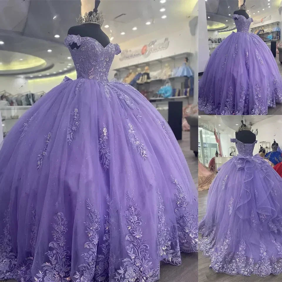 Fliederfarbener Korsett-Mexikanisches Quinceañera-Kleid Ballkleid, Applikationen Spitzen-Geburtstagskleid Y1476