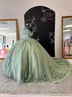 Robe de bal à appliques en dentelle vert sauge à épaules dénudées, robe de seize ans Y2028