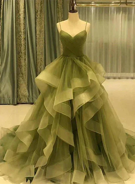 Abito lungo da sera in tulle verde con spalline a cuore Abito da ballo in tulle verde a strati Y987