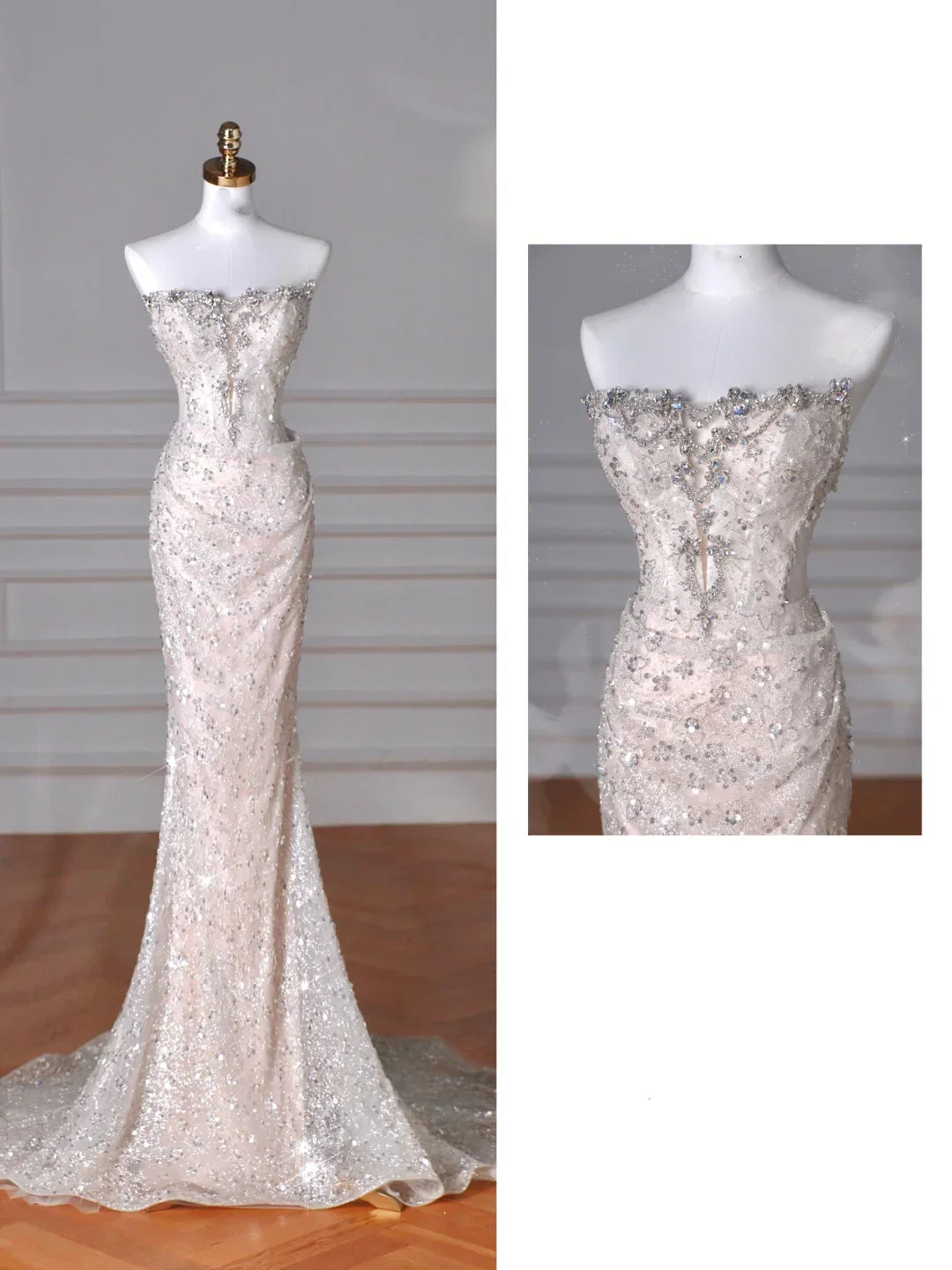 Vestido de Baile Longo de Sereia com Lantejoulas em Tule Brilhante e Sem Alças Y8616