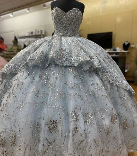 Robe de bal faite main avec fleurs bleues fumées, sans manches, appliques, robe de quinceañera, robe douce seize ans Y6294