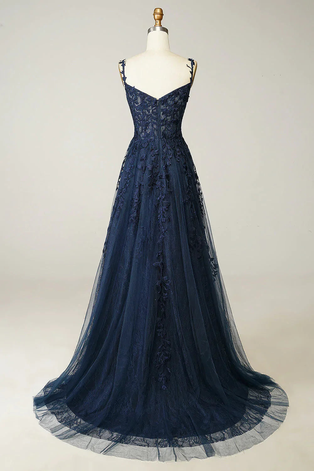 Vestido de Gala Azul Marinho em Linha A com Renda e Tule Vestido de Noite Y382