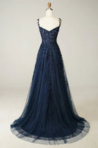 Vestido de Gala Azul Marinho em Linha A com Renda e Tule Vestido de Noite Y382