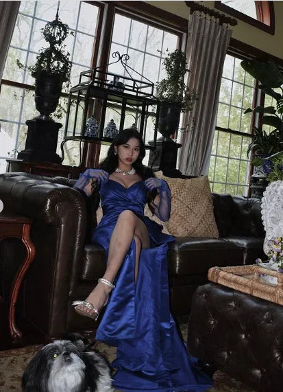 Vestido longo de noite elegante em cetim azul, vestido de concurso Y2621