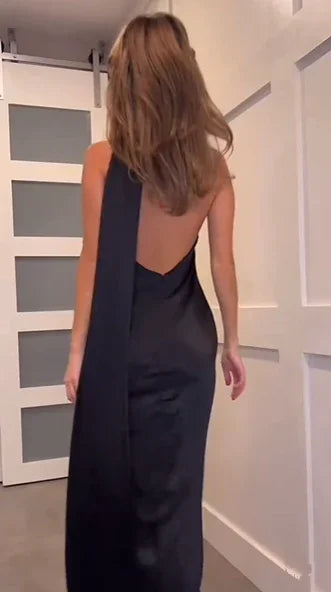 Vestido longo elegante preto, sem costas, para baile de finalistas, vestido de noite preto Y7426