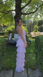 Sexy abito lungo da sera rosa a strati con collo all'americana, elegante vestito formale Y1586