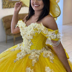 Abito da ballo giallo per Quinceañera con spalle scoperte, allacciatura posteriore, strascico a spazzola, applicazioni e perline Y656