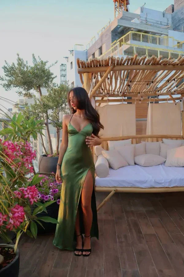 Robe de bal verte longue à fines bretelles spaghetti avec fente longue Y7912
