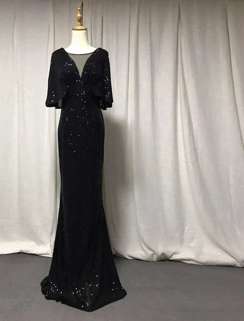 Abito da sera con scollo a V sexy e maniche corte a sirena, elegante abito da festa formale con maniche a pipistrello scintillanti Y1390