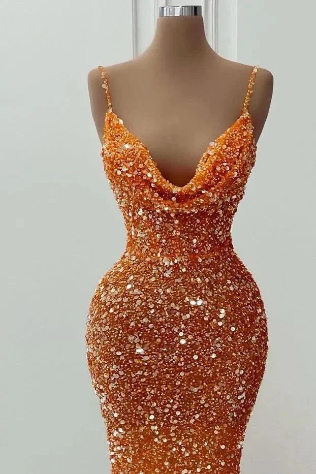 Abito da sera arancione con spalline sottili, scintillante, a sirena, con glitter Y6105