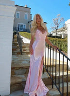 Vestido de Baile com Aplicações de Cetim Cor-de-Rosa, Cauda de Sereia, Fenda Longa, Vestido de Noite Y8263