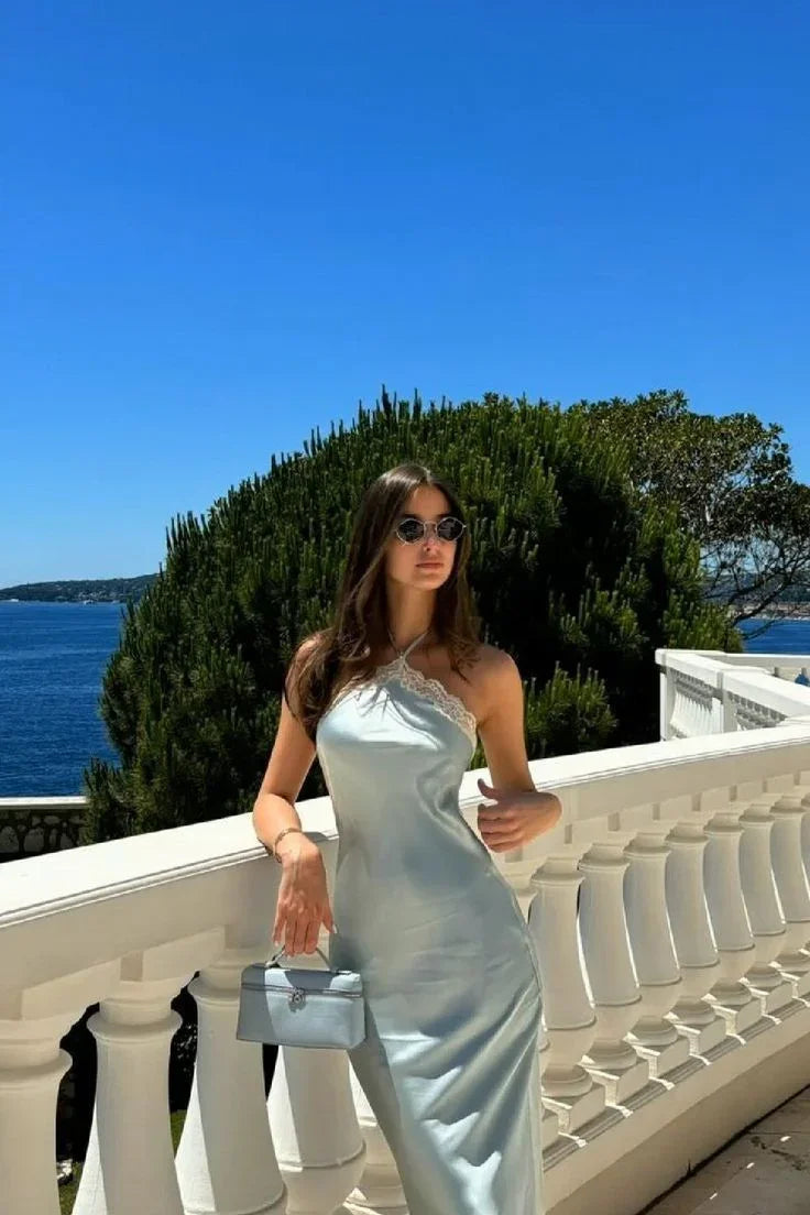 Vestido de fiesta nocturno sexy de satén con encaje y cuello halter Y8169