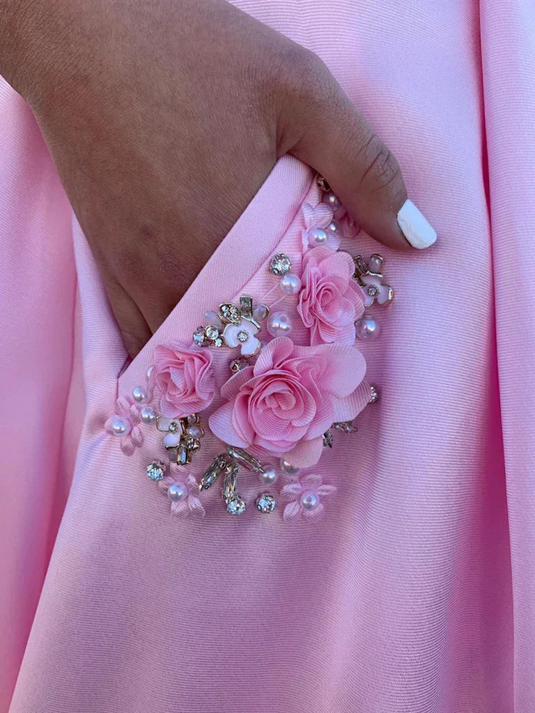 Vestido de Cetim Rosa para Baile com Bolsos, Vestidos Formais Longos de Cetim Rosa para Noite Y237