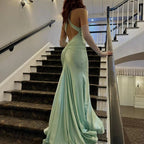 Vestido largo de fiesta verde claro elegante sin espalda estilo sirena Y8043